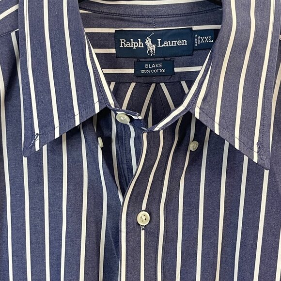 Ralph Lauren Mens XXL Blake Navy & White Striped Button-Up Shirt 100% Cotton - Picture 8 of 13